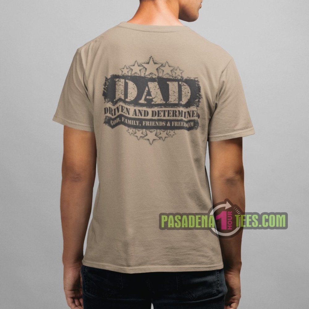 Dad, Driven & Determined, God, Family, Friends & Freedom" Khaki Pocket Tee -1X
